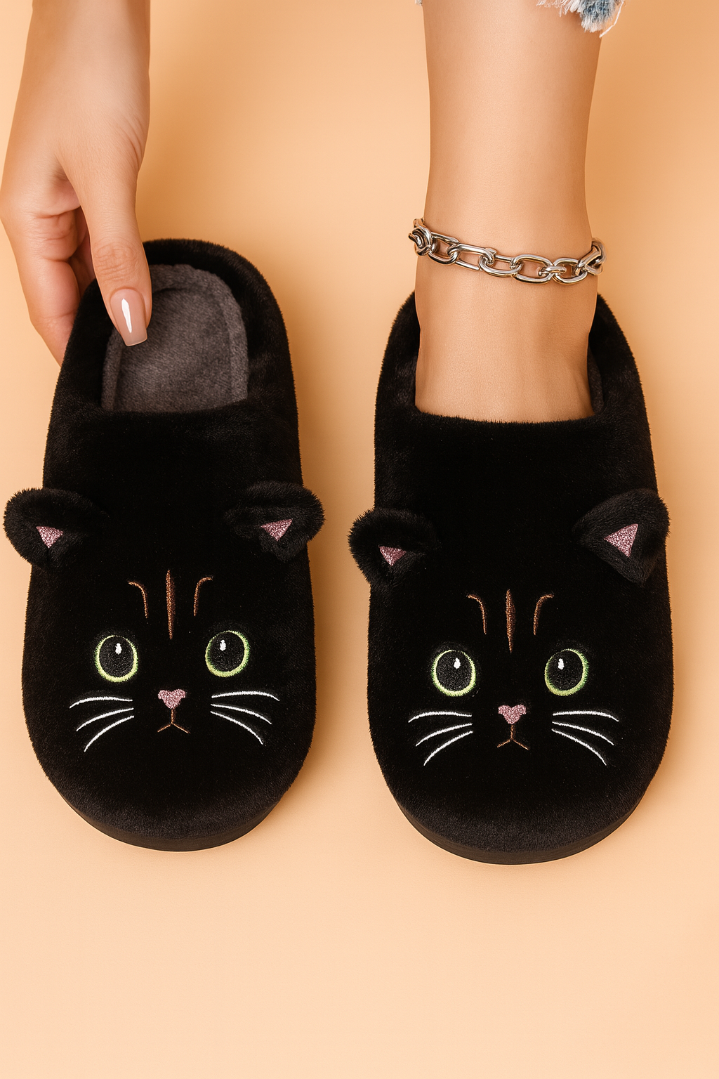 Damen Hausschuhe Mit Katzenmotiv Anti-Rutsch-Sohle Weich Stoff 2