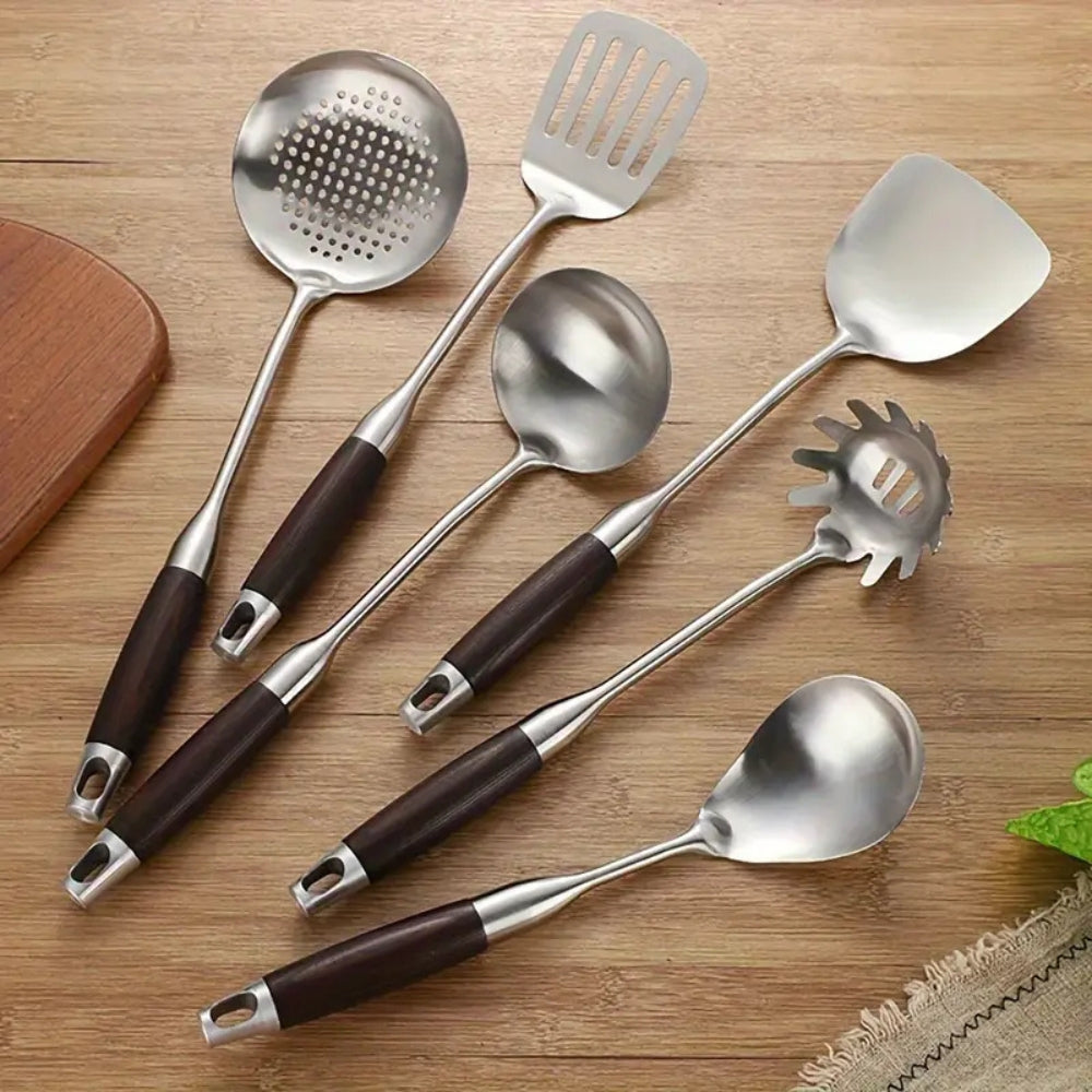Glänzende Edelstahl -Holzutensilien | 6pcs gesetzt-1