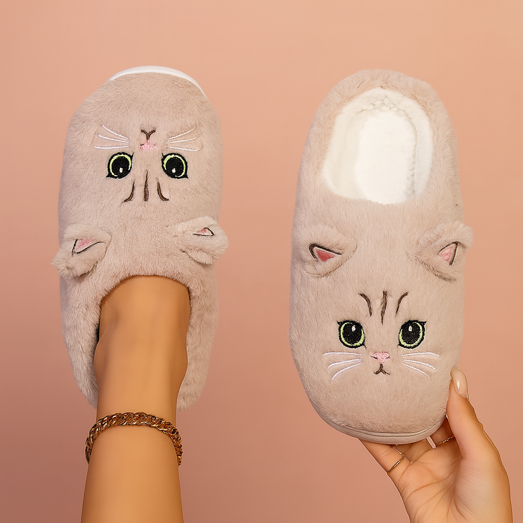 Damen Hausschuhe Mit Katzenmotiv Anti-Rutsch-Sohle Weich Stoff 3
