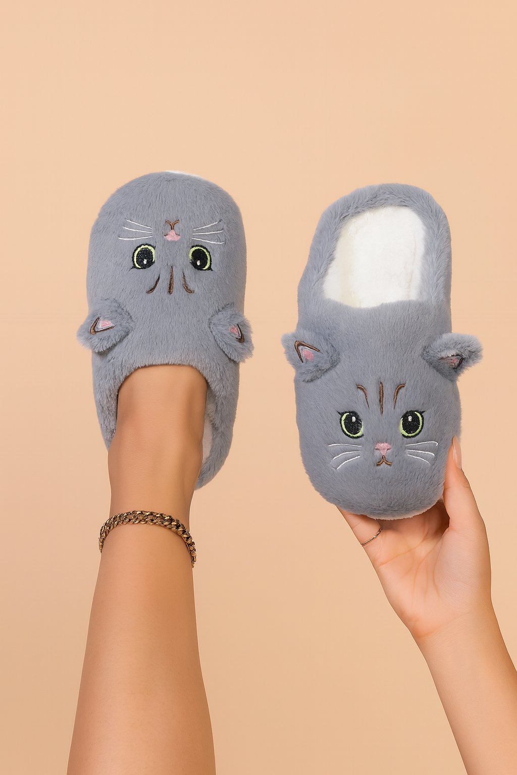 Damen Hausschuhe Mit Katzenmotiv Anti-Rutsch-Sohle Weich Stoff 4