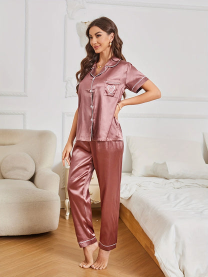 Damen Pyjama Kurz Satin Mit Herzstickerei Und Knopfleiste 6