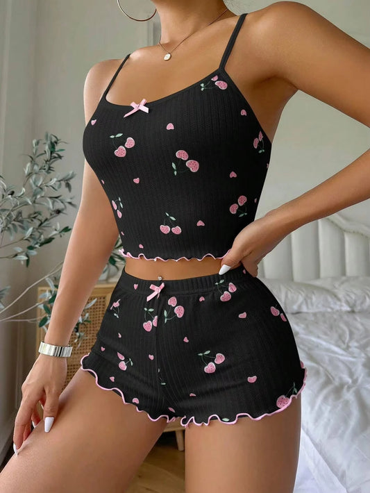 Damen Pyjama Kurz Set Sexy Herz Druck Baumwolle für Sommernächte 0