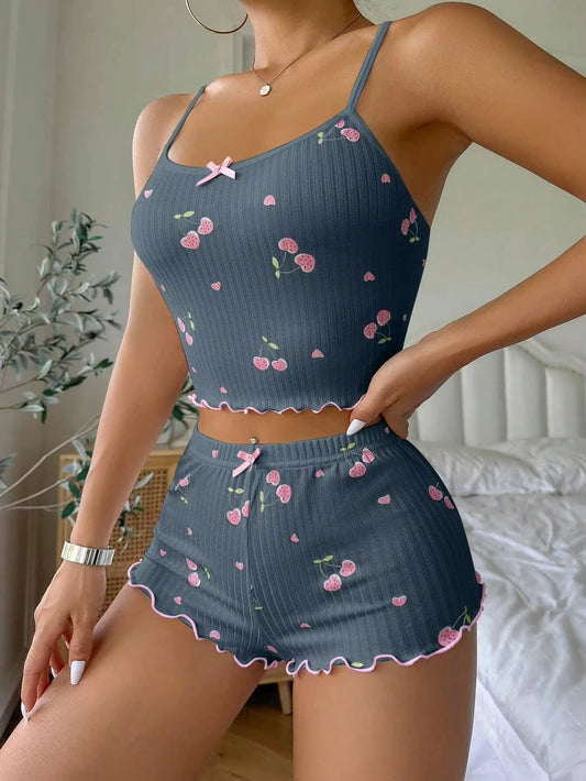 Damen Pyjama Kurz Set Sexy Herz Druck Baumwolle für Sommernächte 1