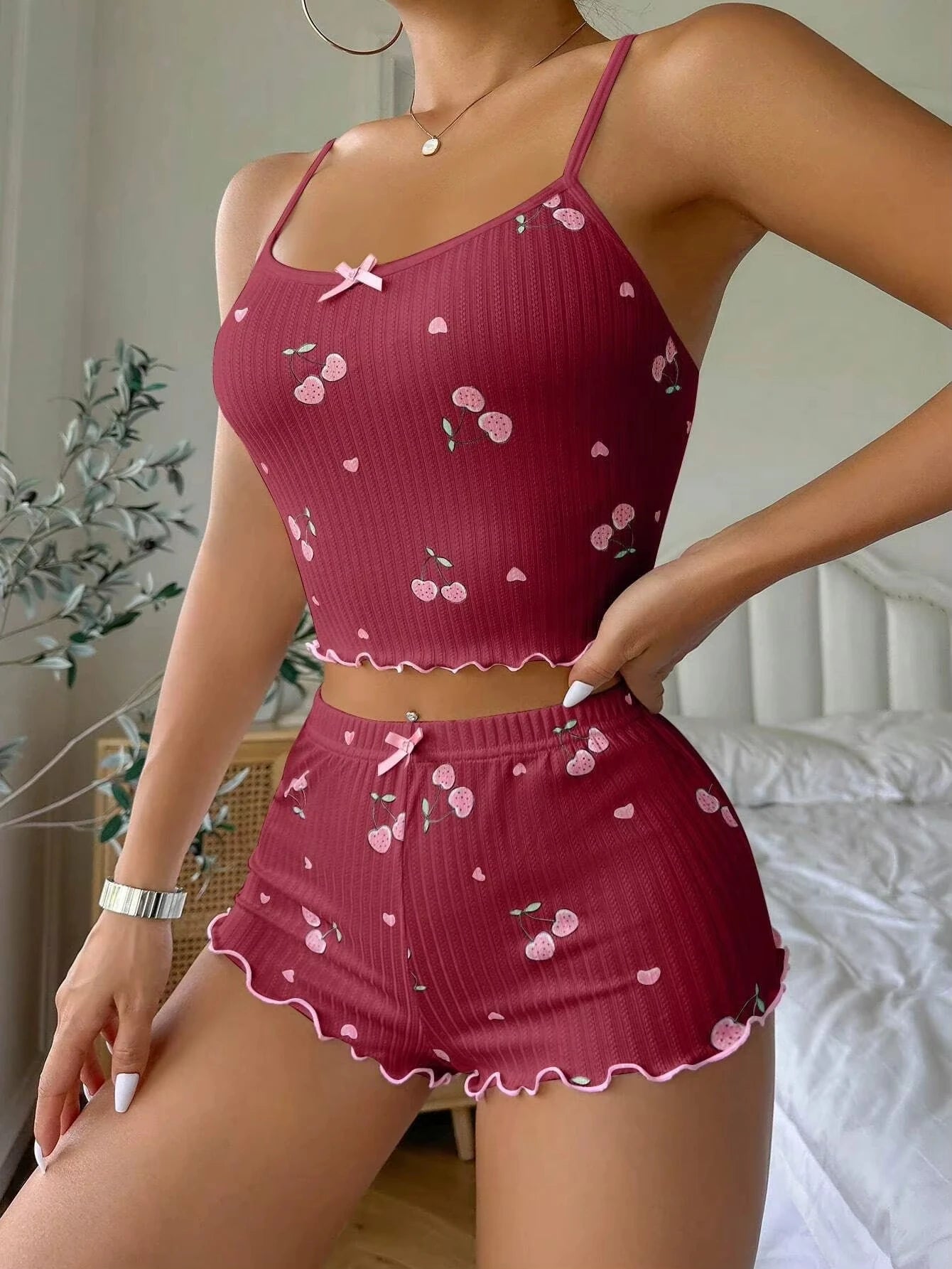 Damen Pyjama Kurz Set Sexy Herz Druck Baumwolle für Sommernächte 2