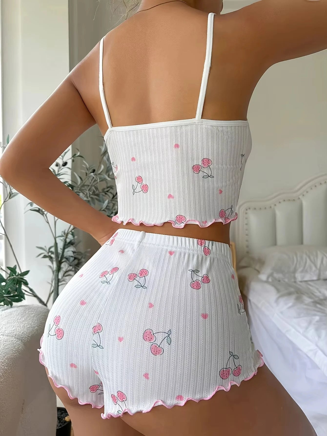 Damen Pyjama Kurz Set Sexy Herz Druck Baumwolle für Sommernächte 4