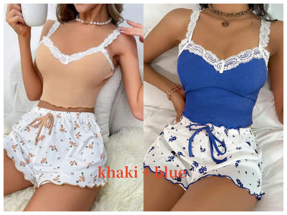 Damen Pyjama Kurz V-Ausschnitt Mit Spitze Aus Weichem Material 12