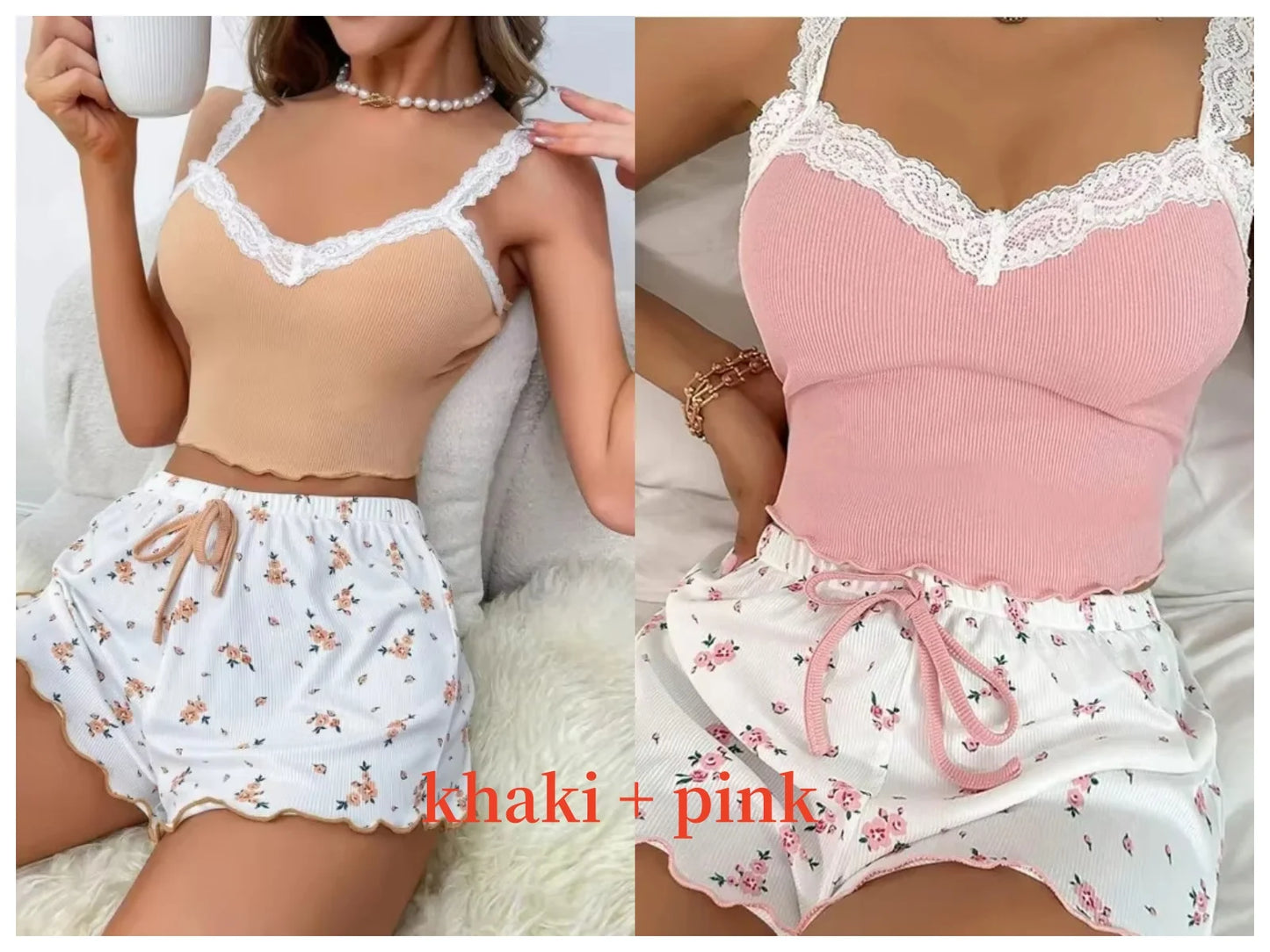 Damen Pyjama Kurz V-Ausschnitt Mit Spitze Aus Weichem Material 13