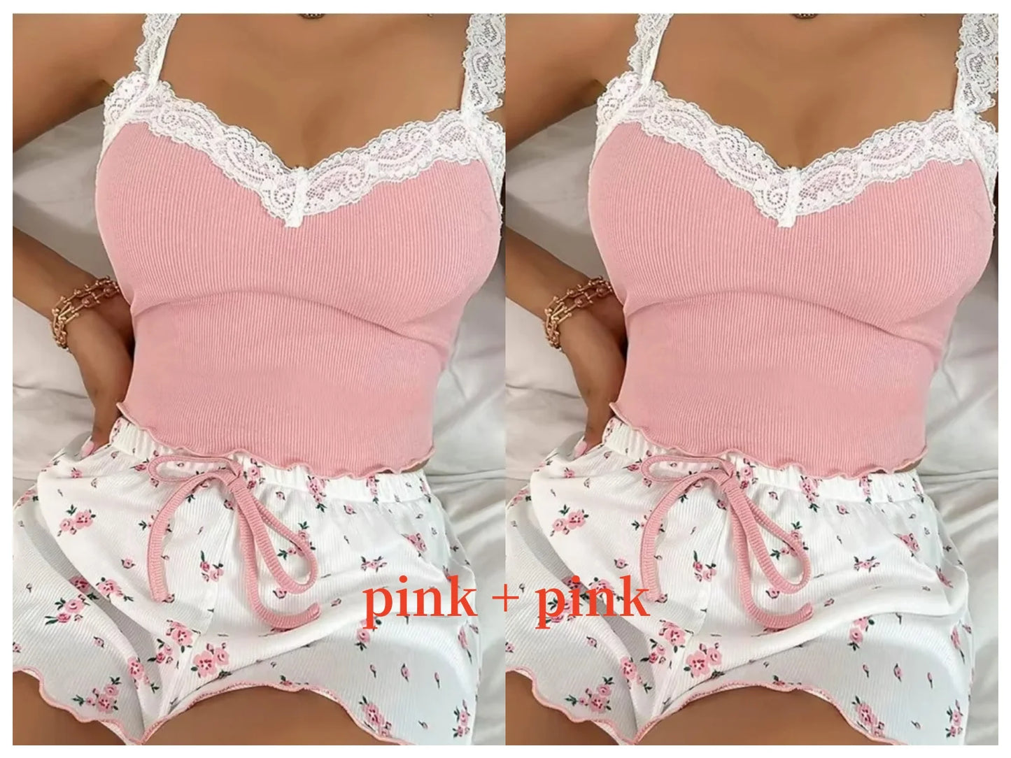 Damen Pyjama Kurz V-Ausschnitt Mit Spitze Aus Weichem Material 14