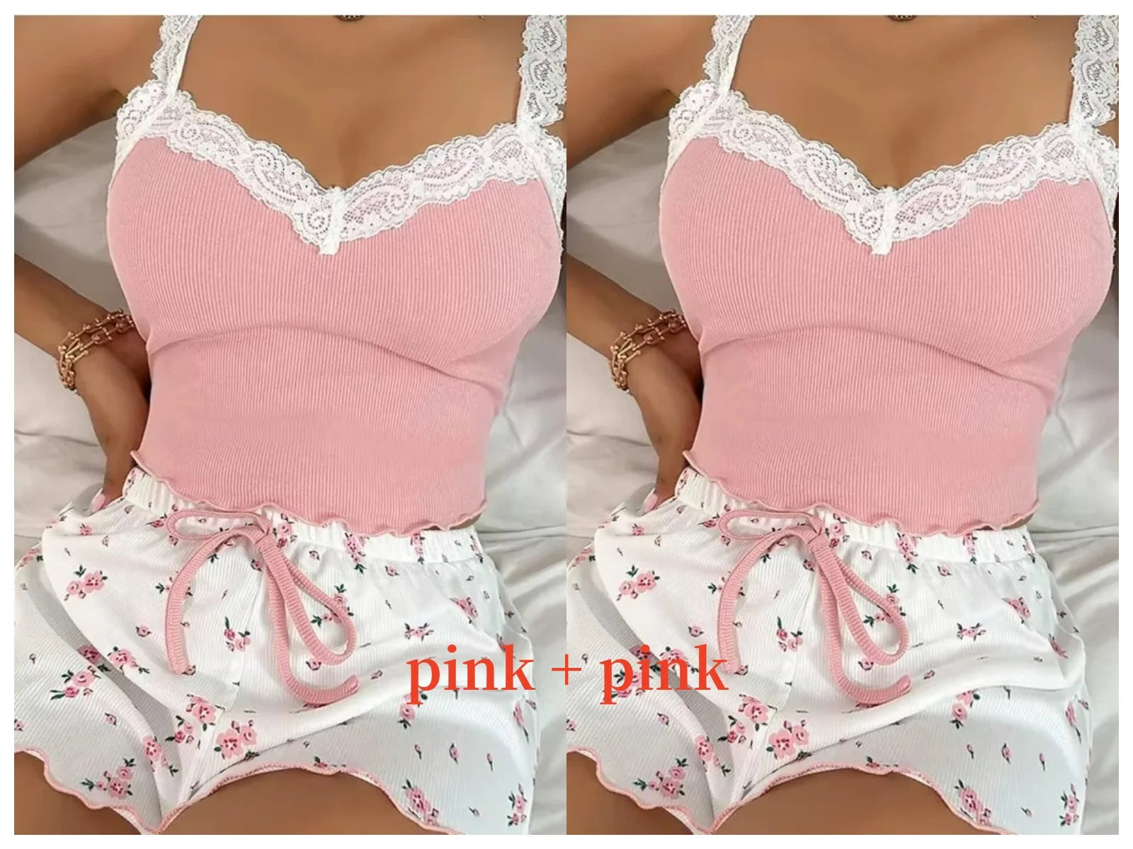 Damen Pyjama Kurz V-Ausschnitt Mit Spitze Aus Weichem Material 14