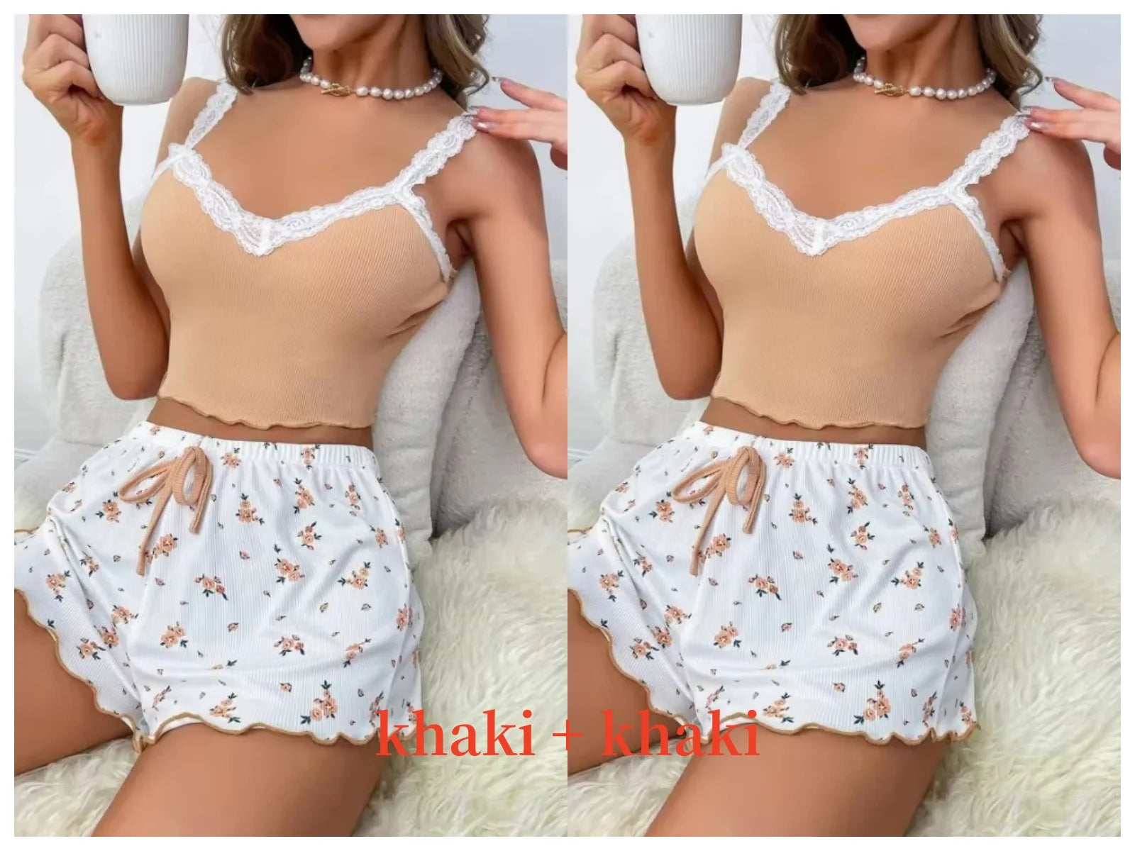 Damen Pyjama Kurz V-Ausschnitt Mit Spitze Aus Weichem Material 15