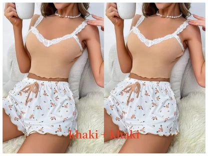 Damen Pyjama Kurz V-Ausschnitt Mit Spitze Aus Weichem Material 15