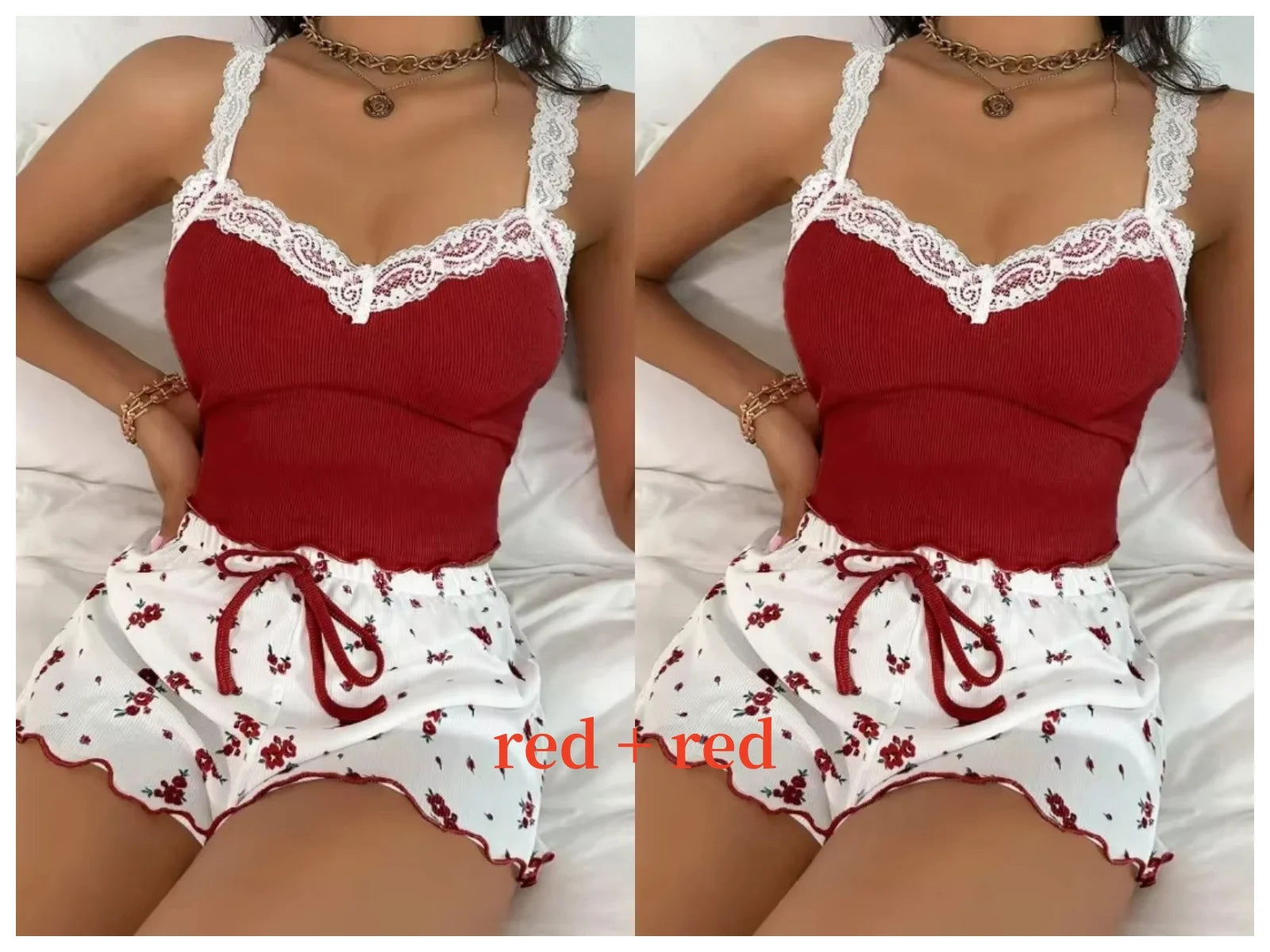 Damen Pyjama Kurz V-Ausschnitt Mit Spitze Aus Weichem Material 16