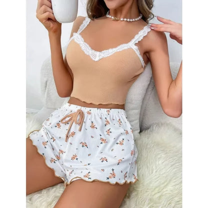 Damen Pyjama Kurz V-Ausschnitt Mit Spitze Aus Weichem Material 3