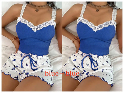 Damen Pyjama Kurz V-Ausschnitt Mit Spitze Aus Weichem Material 8