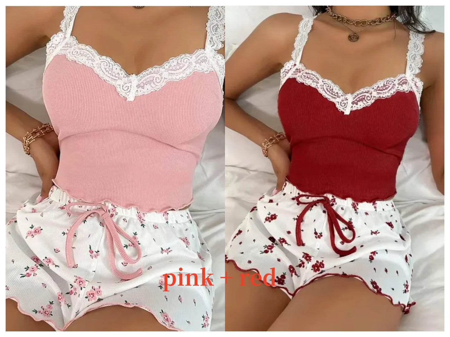 Damen Pyjama Kurz V-Ausschnitt Mit Spitze Aus Weichem Material 9