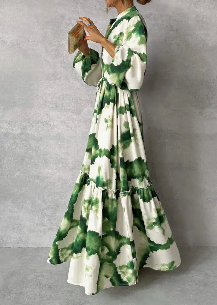 Melina | Grünes Maxi-Kleid – Lange Ärmel & V-Ausschnitt für Raffinierten Stil