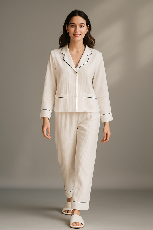 Zweiteiliger Damenpyjama mit V-Ausschnitt – langärmelig, einfarbig